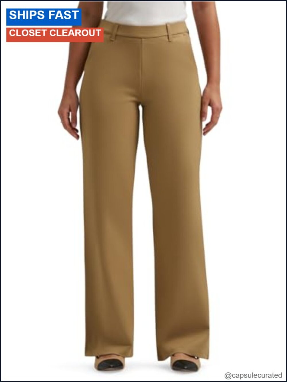 Wide Leg Pull On Dress Pants Regular Fit Flat Front Mid Rise